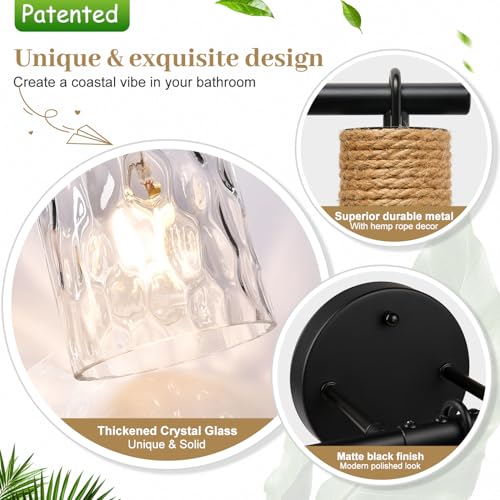 Image of MOKATNG Bathroom Light Fixtures, 5-Light Coastal Vanity Lights with Crystal Glass Shade, Black Bathroom Wall Lamp for Mirror Kitchen Hallway Cabinet