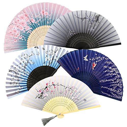 huahuo 5 Stück Handfächer, Faltbare Fächer Hochzeit Geschnitzten Bambus Handheld Faltfächer mit Quaste Chinesischen Stil Handfächer für Damen für Wanddekoration Geschenke Cover