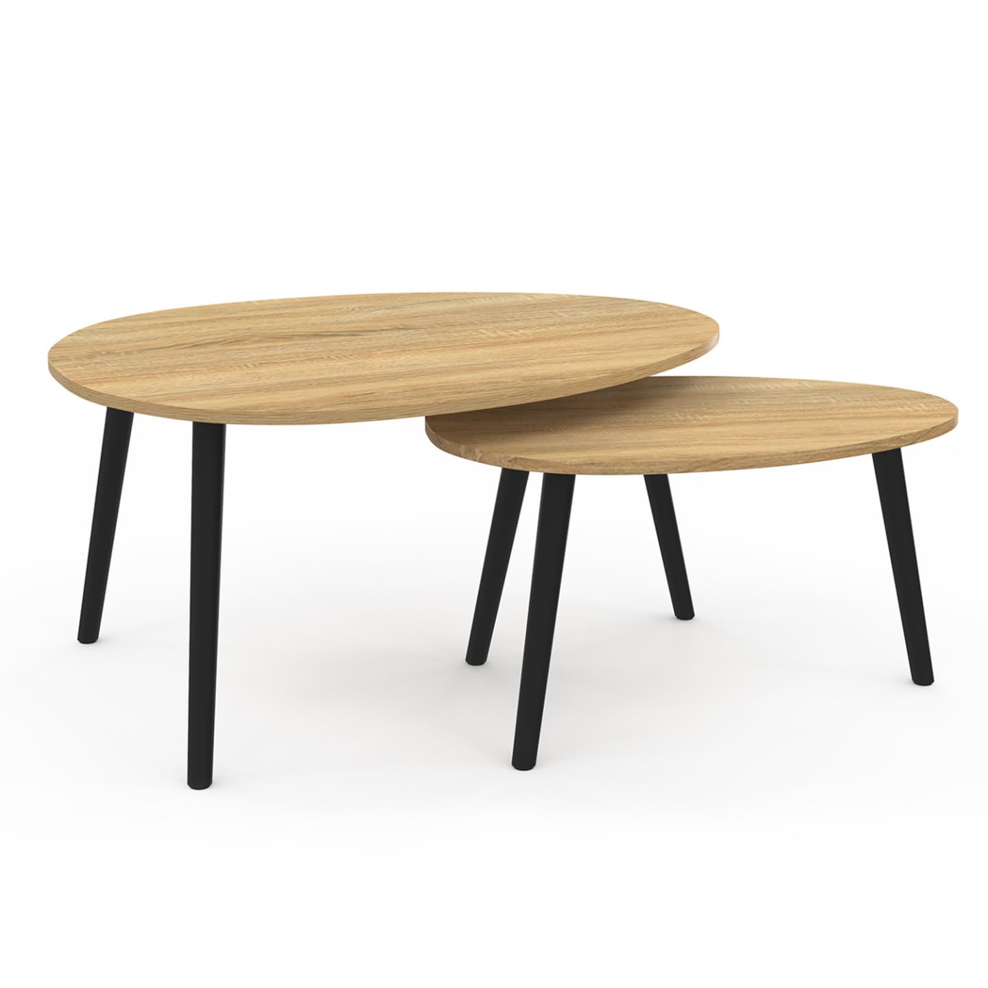 IDMarket - Juego de 2 mesas de café Gaia, madera y patas negras, escandinavas