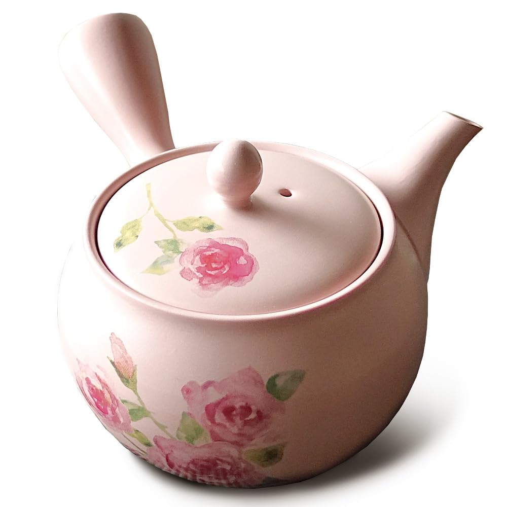Tokoname Yaki Rose Pattern Kyusu Teapot Pink Ceramic Strainer 14oz Japan