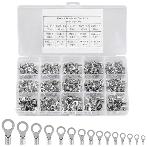 250 Pcs Ring Terminals, Non-Insulated Copper Ring Terminal Connectors Wire Connectors, AWG 22-16 16-14 14-12 12-10 Battery Terminal Rings Connectors, Tinned Copper Battery Cable Lugs Wire Lugs Cover