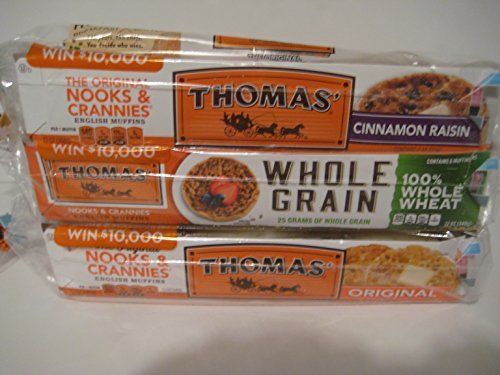 Thomas' English Muffin Combo: Original Nooks & Crannies 6 Ct, Whole Grain 100% Whole Wheat 6 Ct, Cinnamon Raisin 6 Ct Bundle Enjoy! by Thomas'
