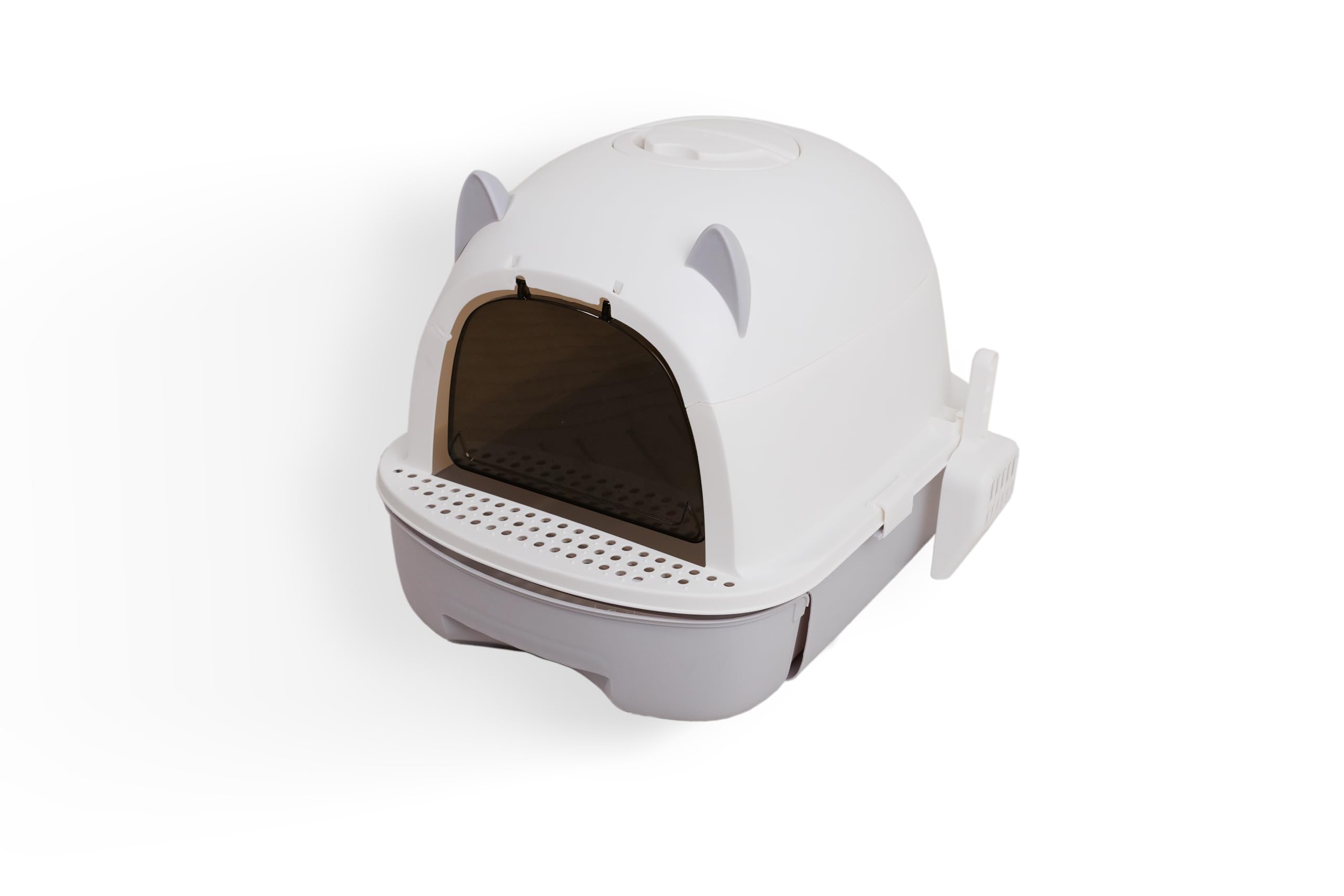Arenero para Gatos Cubierto Caja de Arena Cerrado con Tapa Removible Bandeja Extraíble Filtro de Carbono Pala y Plataforma Antirastros 52x39x40,5 cm Blanco y Gris