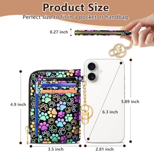 Image of GIANCOMICS Slim Wallet Credit Card Holder Women, Puppy Dog Paw Rfid Blocking Small Card Case, Keychain Thin Pocket Curved Zipper Wallet, Travel Card Holder PU Leather ID Window, Ladies Female Gifts