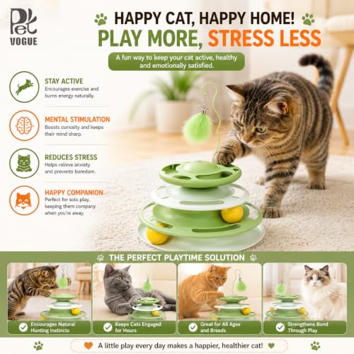 Image of PetVogue Interactive 3-Tier Cat Track Toy with Rolling Balls & Feather Teaser, Multi-Level Indoor Cat Activity, Durable Plastic Exercise Chase Toy for Kittens & Adult Cats