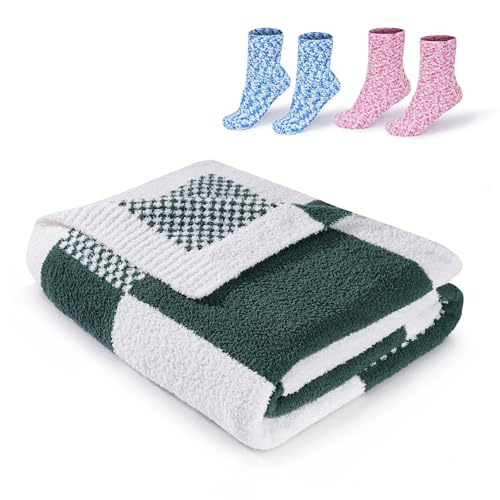Green and White Checkered Throw Blanket Ultra Soft Cozy Checkerboard Winter Bed Blankets, Buffalo Plaid Reversible Throw Blankets Gift Wrapping for Christmas and Thanksgiving Day, 50x60 inches