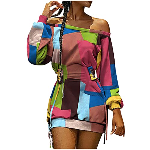 SHENYANGWA Fall Dresses for Women 2021,Sexy One Shoulder Long Sleeve Draw Back A Line Mini Dress Casual Floral Tshirt Dress, A_multicolor, Medium