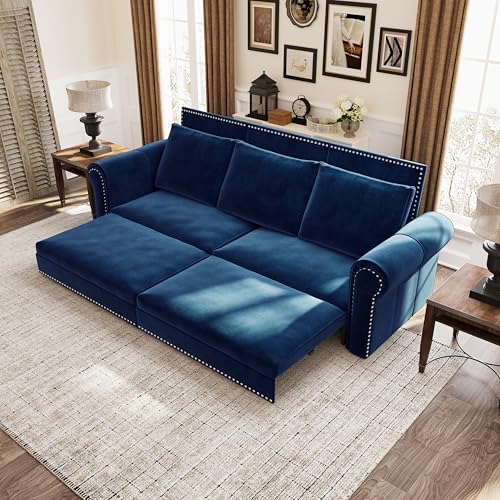 Image of Eafurn 93.7 inch King Size Pull Out Sofa Bed, 3-in-1 Convertible Sleeper Sofa Couch Bed with Nailhead Decor and Rolled Arms, Velvet Oversized Chesterfield Loveseat Chaise Lounge
