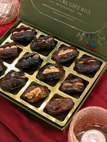 Image of Premium Dates Gift Box with Assorted Nuts - Stuffed Khajoor with Almond, Pistachio, Hazelnut & Walnut | Healthy Dry Fruit Snack | Luxury Gift Pack (12 Pcs)