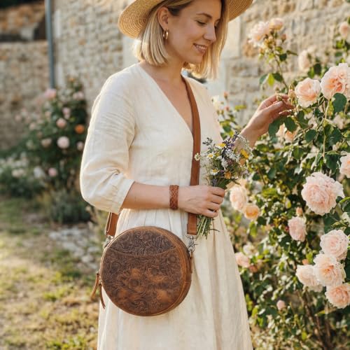 Image of S-ZONE Leather Crossbody Bags for Women Circle Shoulder Round Purse Travel