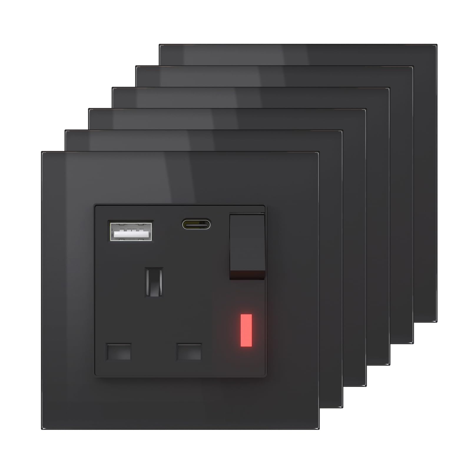 BSEED Single Plug Socket with USB C and USB A,UK Standard Electric Power Sockets,Save Space,1 Gang-6 Pack,86mm Black — image 1