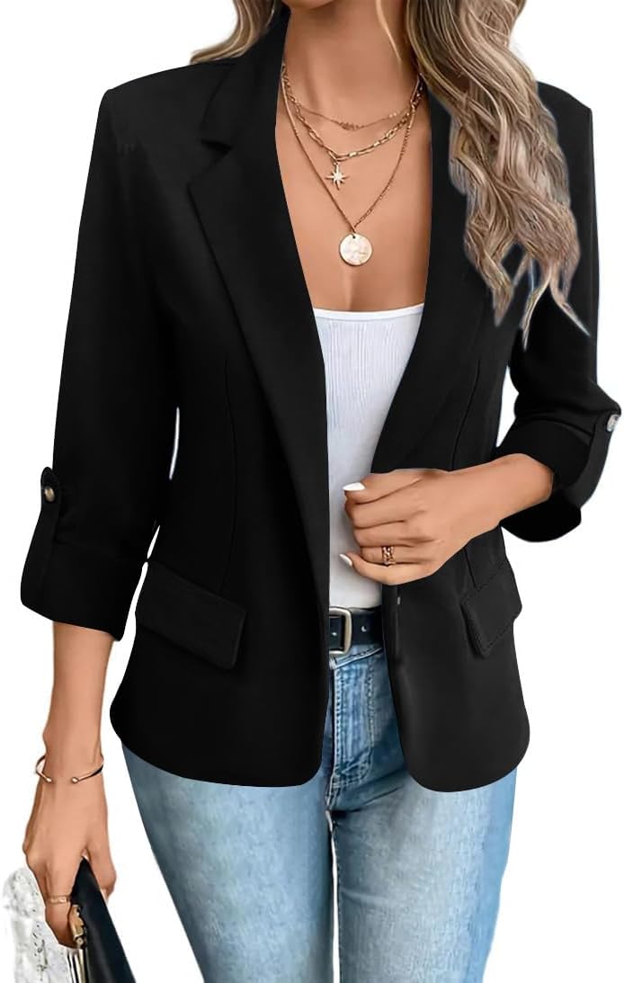 shownicer Damen Blazer Casual Langarm Open Front Einfarbig Revers Anzugjacke Arbeit Büro Business Jacke Mit Taschen