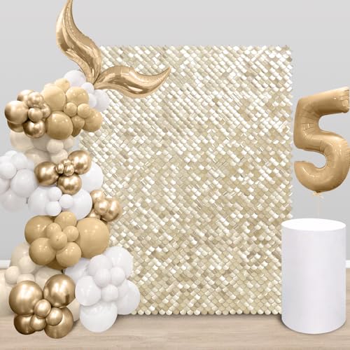Image of Light Gold Shimmer Wall Backdrop - 24 Panels Sequin Disco Backdrop for Birthday, Wedding, Engagement & Mermaid Wall Decoration