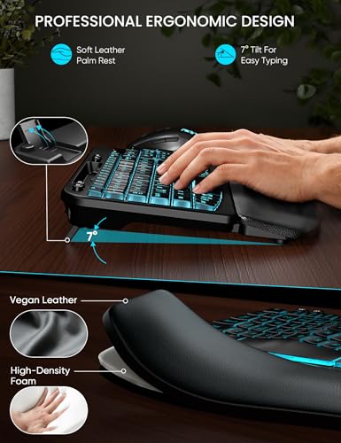 SABLUTE Wireless Keyboard and Mouse Combo - Ergonomic Wave Keyboard with Soft Leather Wrist Rest, Phone Holder, Rechargeable, RGB Backlit Mouse, Full-Size Cordless Set for Windows/Mac/Computer/Laptop - Image 3