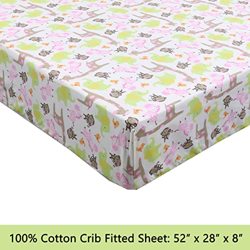 Image of 100 Cotton 3 Piece Toddler Sheet Set, Soft Breathable Crib Bedding Set for Girls Includes a Flat Sheet, a Fitted Sheet, a Pillowcase, Jungle Zoo Animal Friends Giraffe Monkey Elephant Zebra Bird Pink