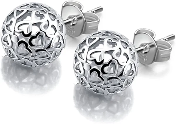 Bohemian - Women's 925 Sterling Silver Earrings - 7mm Hollow Pattern Ball Pendant - Silver Stud Earrings - 24k Gold - Fine Jewelry - Birthday Gift