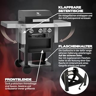 TAINO WABAYA 3+0 Gasgrill Grillwagen 3 Brenner Keramik Sear-Burner Piezo-Zündung Thermometer Warmhalterost Schwarz Matt