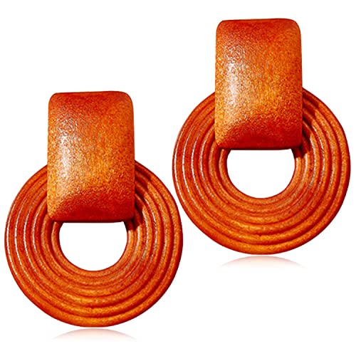 Handmade Bohemian Lightweight Wooden Circle Round Dangle Drop Earrings Vintage Boho Brown Nature Wood Geometry Hoop Stud Earring for Women Statement Jewelry Gifts