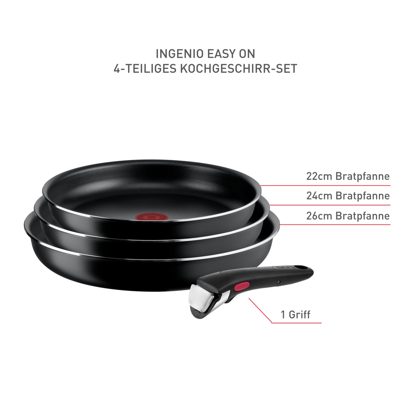 Tefal Ingenio Easy On 4-teiliges Pfannenset abnehmbarer Griff, 22/ 24/26 cm, stapelbar, platzsparend, Pfannen mit Antihaftversiegelung, einfache Handhabung und Reinigung, L15992