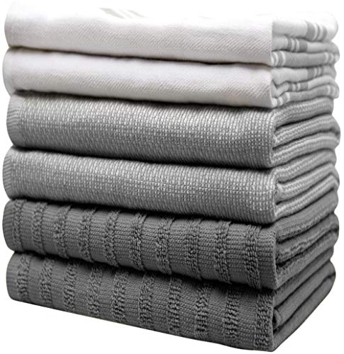 Image of Premium Kitchen Towels (20 inchx 28 inch, 6 Pack) | Large Cotton Dish Towels | Flat & Terry Highly Absorbent Kitchen Linen Set with Hanging Loop | Wide Stripe Grey