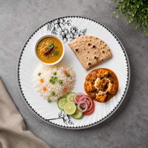 Image of Melvio By Malti 2 Pcs Dinner Plate Set for Dining & Serving | Premium Melamine Full Plates with Elegant Floral Design | Microwave & Dishwasher Safe Plates for Lunch, Dinner, Roti | White, 11 Inch