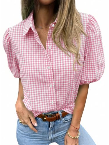 Image of Tankaneo Women's Button Down Shirts Short Puff Sleeve Collared Dressy Casual Blouse Tops