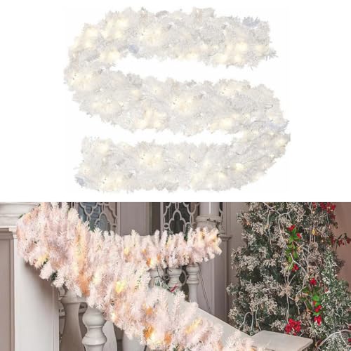 18ft Christmas Garland with Lights, 5.5m White Artificial Christmas Garlands Warm 100 Led Reusable Wreath for Door Wall Stairs Fireplaces Xmas Home Garden Indoor Outdoor DIY Decor