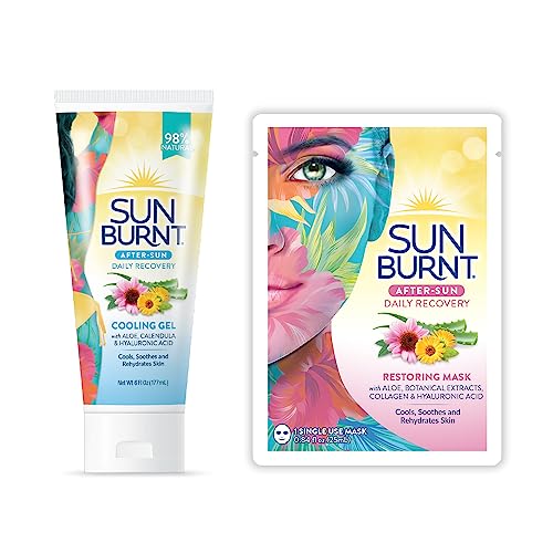 SunBurnt® Gel 6Fl Oz and Face Mask 4pack After Sun Skin Care Bundle, Advanced Sun Recovery, Treat Dry Sun Damaged Skin, For After Sun Exposure, Much More than Aloe, Soothes and Rehydrates Hot Dry Skin