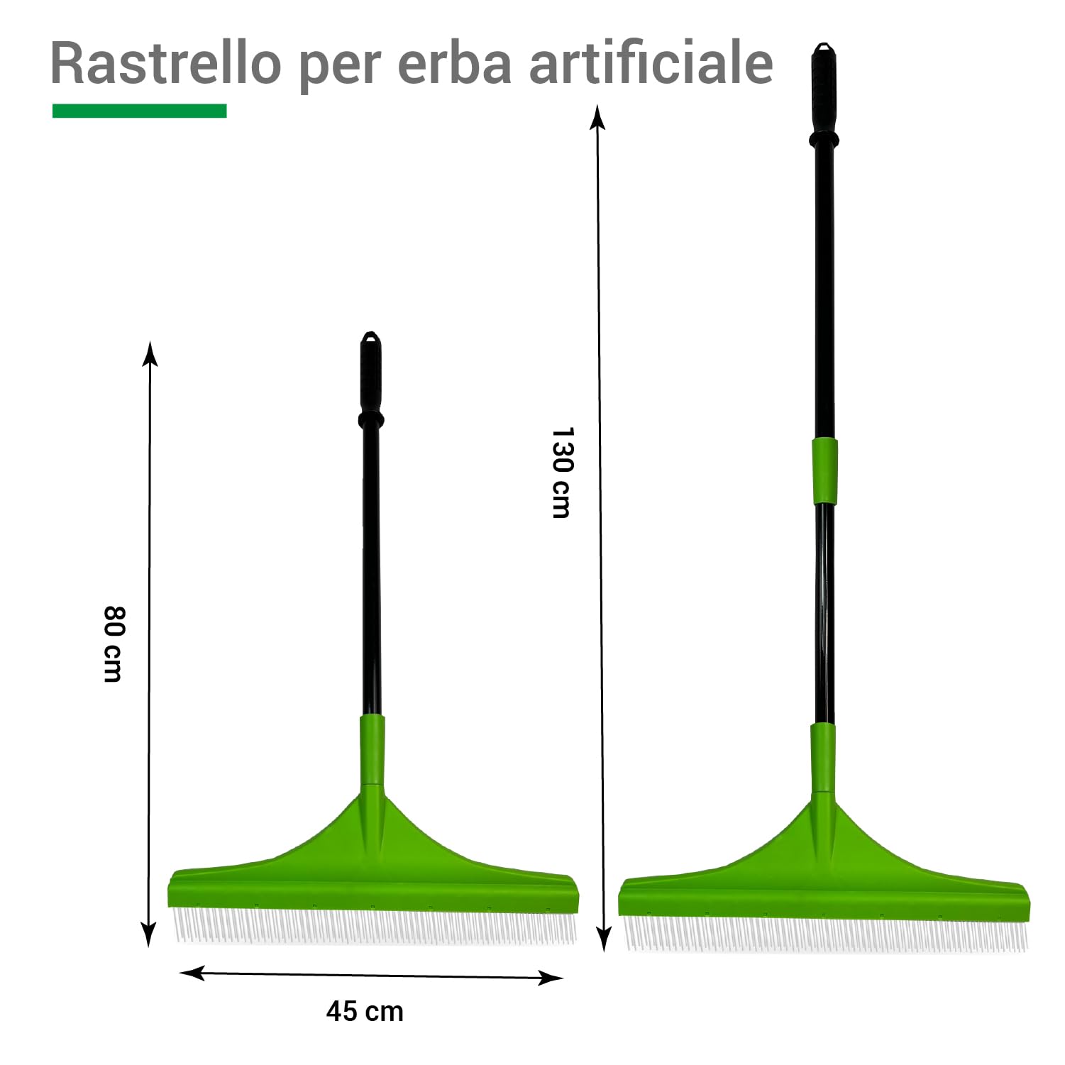 Crisalide® - Rastrello per Erba Artificiale Setole in Poliammide 35 mm, Doppia Fila, Asta Telescopica 80-130 cm, Larghezza 45 cm Manico Ergonomico in Gomma Per Pulizia e Cura di Prati Sintetici