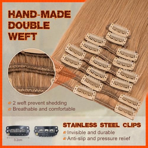 Image of Benehair Clip in Hair Extensions Real Human Hair, Blonde Hair Extensions Clip in Human Hair for Women, Long Straight, Remy Natural, Full Head 8pcs 20inch #6 Light Brown