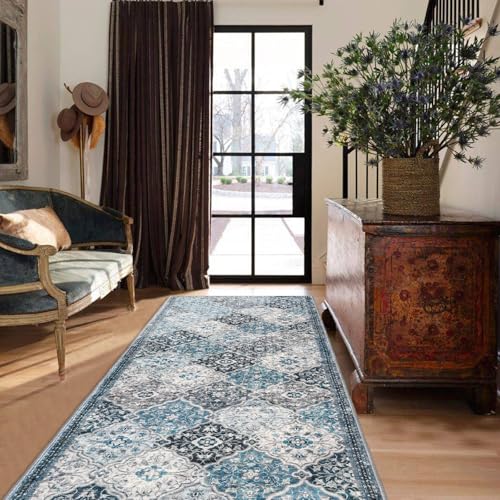 KILOCOCO 3x8 Runner Rug, Moroccan Super Soft Washable Hallway Entryway Runner Rug, Accent Print Faux Wool Kitchen Runner Rug Non-Slip Runners Boho Rug Runners for Laundry Room Bedroom, Blue/Multi