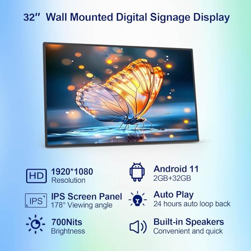 Image of 32 Inch Digital Signage Display, 700nits High Brightness, Slim Fit Frameless Wall Mount Digital Display Board, Indoor Digital Signage, CMS /U-Disk Plug&Play, Intelligent Split Screen, 7 /24 Timer Switch