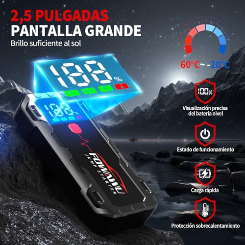 FOWAWU 6000A Arrancador de Baterias de Coche, 22800mAh 12V Earrancador de Coches Portatil(para 10L de Gasolina o 8L de Diésel) con Clip Inteligente,Linterna LED, 5 * 3.5CM Pantalla Grande, QC 3.0 - imagen 5