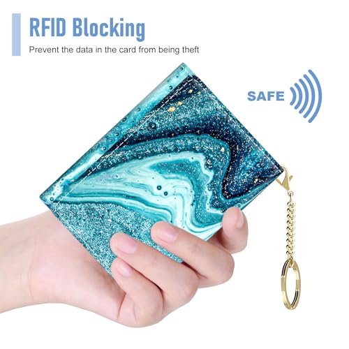 Image of Rouidr Womens Wallet, Small Slim RFID Card Wallets for Women, Cute Front Pocket Trifold Leather Card Organizer with 7 Slots & ID Window, Cyan Marble