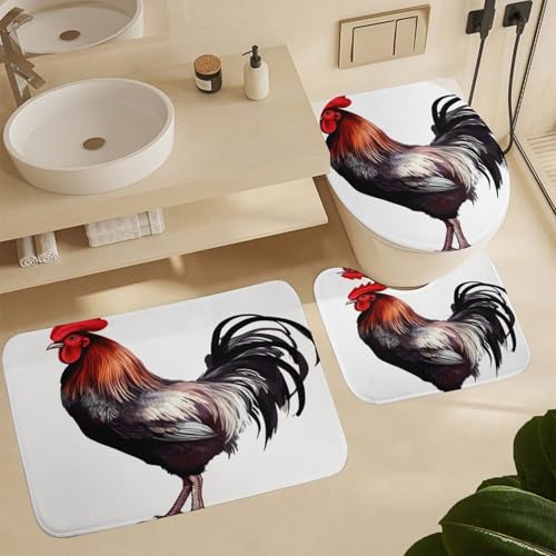 Ensemble de salle de bain avec rideau de douche et tapis coq 4pcs