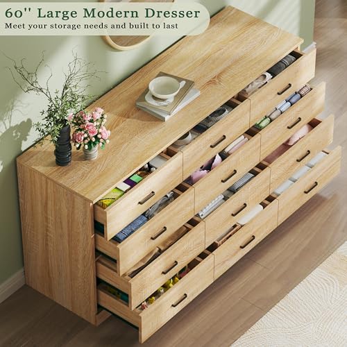 Image of 60 Inch 12 Drawer Dresser for Bedroom, Long Mid Century Modern Dressers, Wood Vintage Chests of Drawers TV Stand up to 65 inch, Large Storage Organizer for Bedroom, Closet, Entryway, Natural