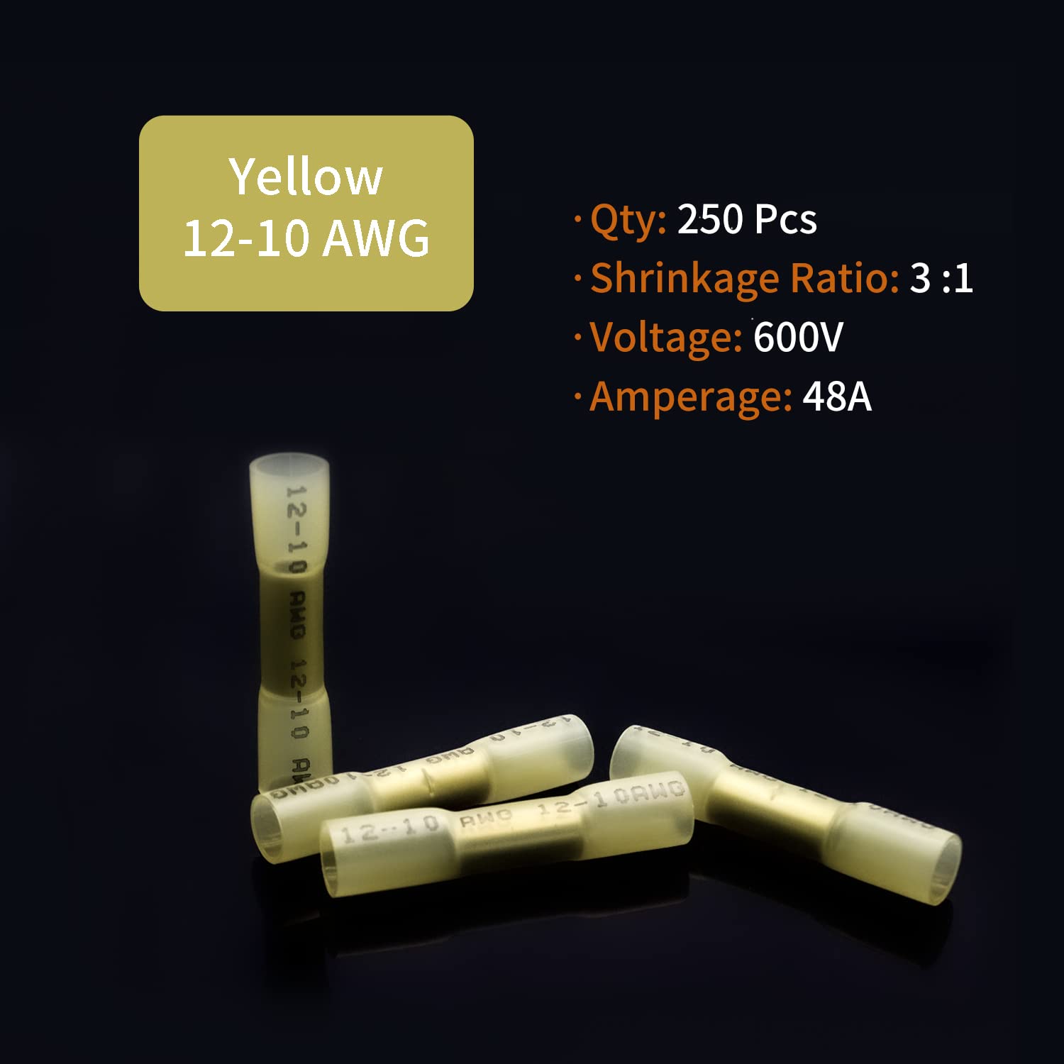 250 connettori termorestringenti per cavi, 12-10 AWG giallo impermeabile a crimpare connettori per cavi elettrici a crimpare giuntura terminali per cavi automobilistici marini