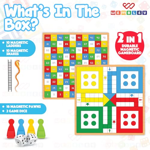 Image of Wembley 2-in-1 Magnetic Ludo Board Game | Travel Friendly Toy with Removable Snake and Ladder | Repositionable Snakes & Ladders Toys for 3+ Year Old Kids