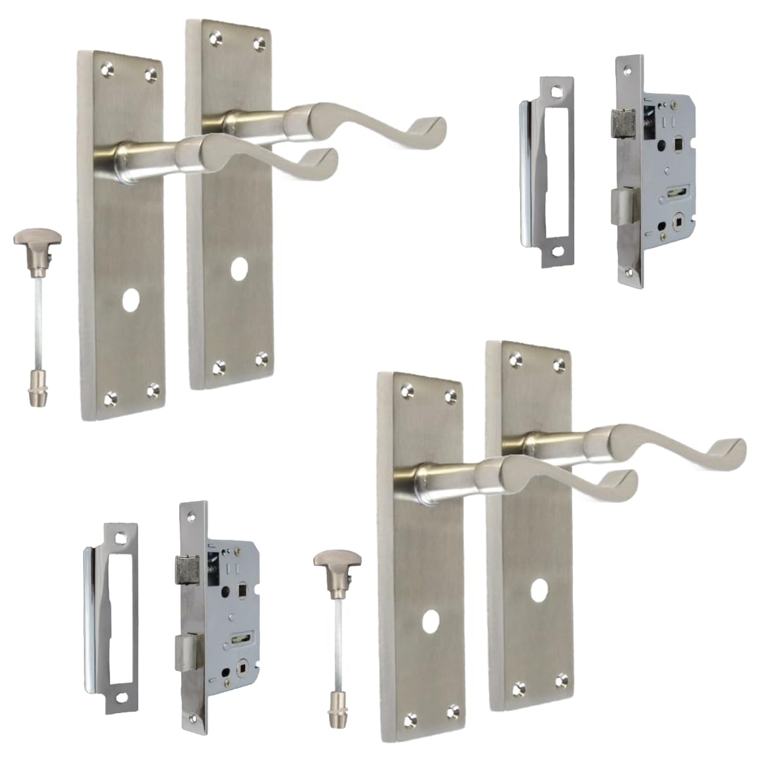 Epsom Door Handle Victorian Style Satin Nickel Bathroom Door Handle Sets – Includes Privacy Turn & 3 Lever Sash Lock – Lever on Backplate 150mm x 42mm – 2 Sets
