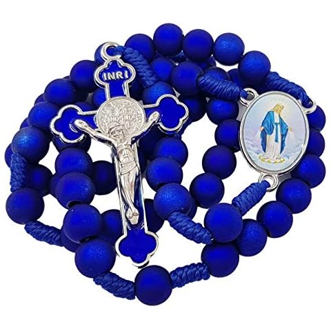 TALISMAN4U Deep Blue Rosary Beads Catholic Prayer Necklace with Saint Benedict Crucifix Our Lady of Grace Medal Religious Gift Rosary Pouch, Acrylic Cover