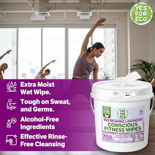 Image of Plant-Based Eco-Conscious Fitness Wipes | Infused with Lavender & Tea Tree Oil | All-Purpose Cleaning Wipes for Yoga, Pilates, and Gym Equipment (700 Count (Pack of 1))