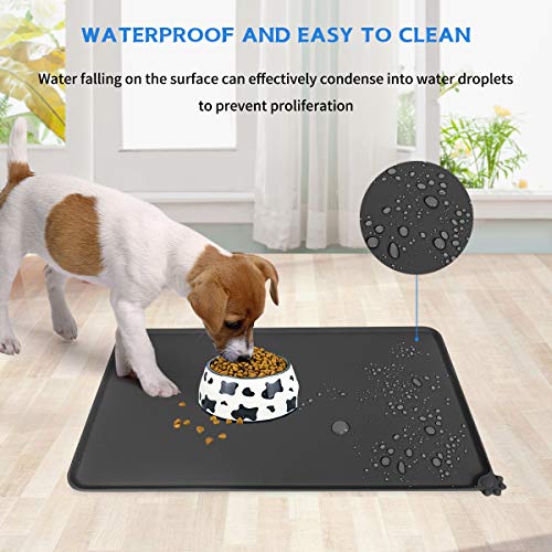 Silicone Dog Food Mat Waterproof Pet Feeding Mat Cat Water Bowl Mat Non-Slip Pet Safety Grade Silicone with Raised Edges Easy Clean Collect Food and Water Spills for Small and Medium Pets (Black)