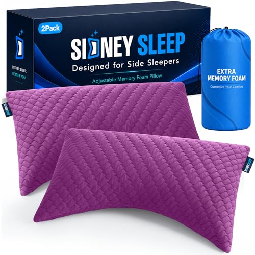Image of Sidney Sleep Set of 2 Queen Size Adjustable Bed Pillows for Side and Back Sleepers - Memory Foam Pillows for Neck and Shoulder Support - Customizable Loft - Extra Foam Included (Magenta)