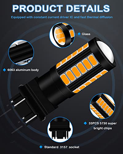 Qoope 3157 Led Bulb Amber Yellow Super Bright 3056 3156 3156A 3057 4057 4157 T25 Led Light Bulbs For Brake Lights, Tail Lights, Backup Reverse Lights, Pack Of 4 #TOP2