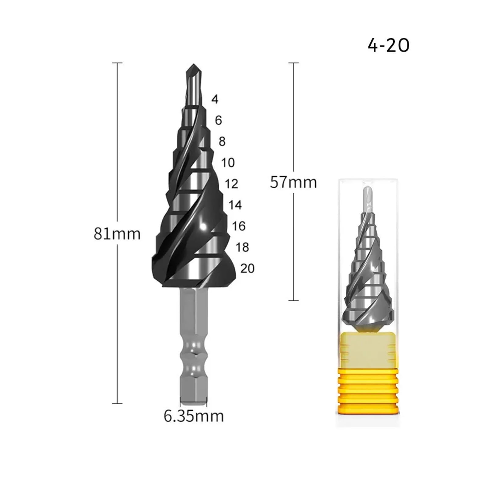 Broca escalonada recubierta M35 for acero inoxidable, carburo HSS-Co, broca for madera de 3 filos(4-20)