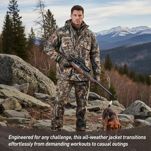 Image of GUGULUZA Hunting Jacket with Fleece Lining, Water Resistant Hooded Coat for Men, Silent Deer Hunting Parka Upland Jackets