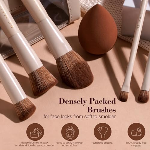 Image of BS-MALL 14 Pcs Makeup Brushes Set with 1 Pcs Makeup Sponge - Essential Foundation Powder Concealers, Eye Shadows, Blush Makeup Brushes with Travel Makeup Case (Beige)