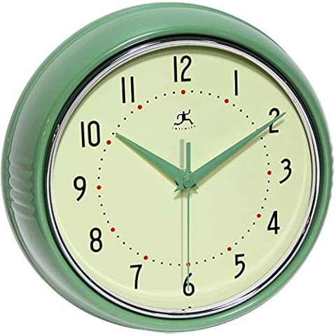 Infinity Instruments LTD. Retro 9 inch Silent Sweep Non-Ticking Mid Century Modern Kitchen Diner Wall Clock Quartz Movement Retro Wall Clock Decorative (Green)… Cover