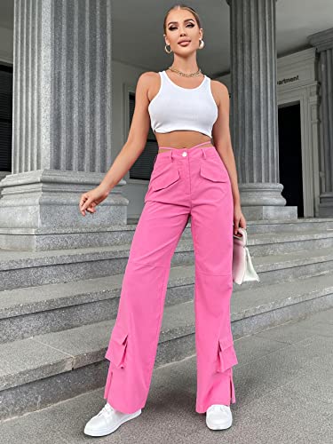 WDIRARA Women's High Waisted Tie Back Split Hem Cargo Pants with Flap Pockets3