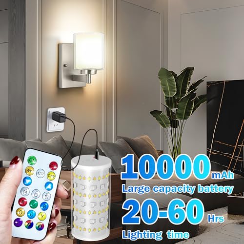 Image of Battery Operated Wall Sconce Set of 2, 10000mAh Wireless Rechargeable Wall Sconce with Remote Control, RGB Dimmable Bathroom Light Fixtures with Double Clear Glass Shade for Mirror Bedroom